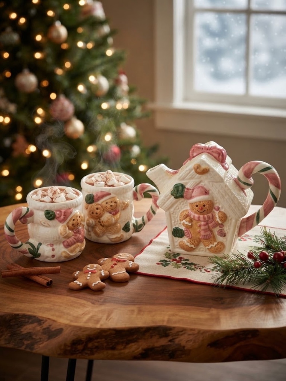Vintage Christmas Holiday Hand-Painted Ceramic Gingerbread House Teapot Set